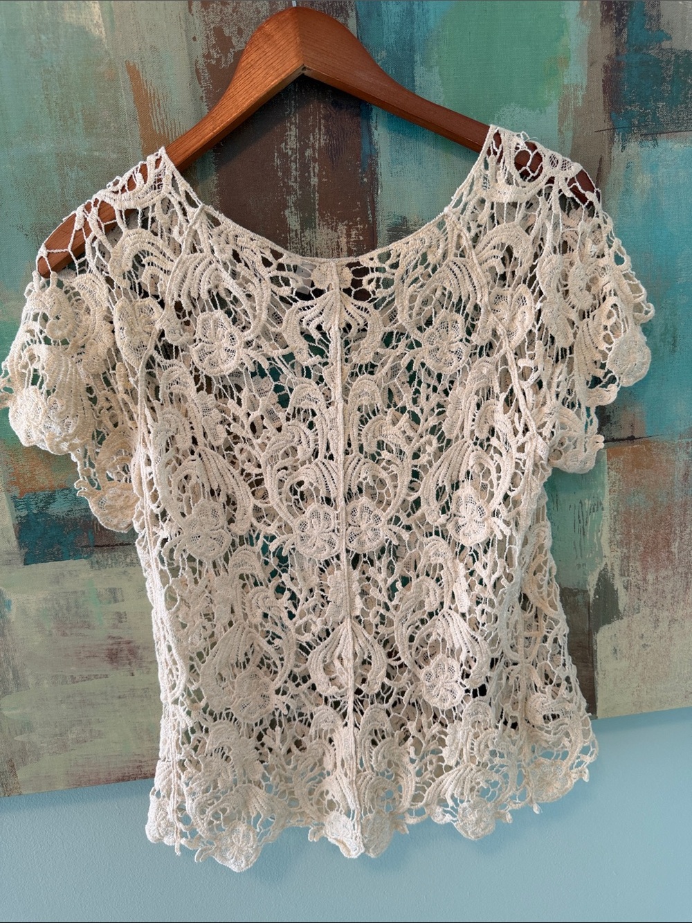 Cream Floral Crochet Lace Top Sheer Cottagecore Boho Fairy Festival Blouse - Picture 6 of 9